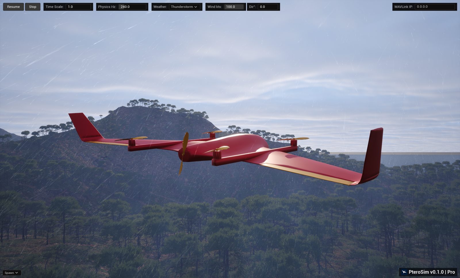 PteroSim VTOL flying through a storm